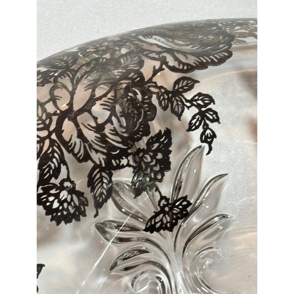 Vintage Silver Overlay Clear Glass Decorative Bowl With Floral Design & Scallope - Picture 10 of 11